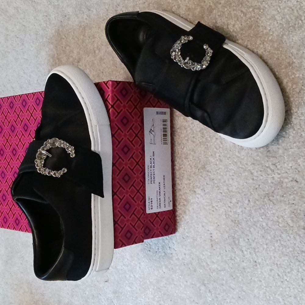 Tory Burch Greer Crystal Embellished Black Satin Sneakers Sz 6